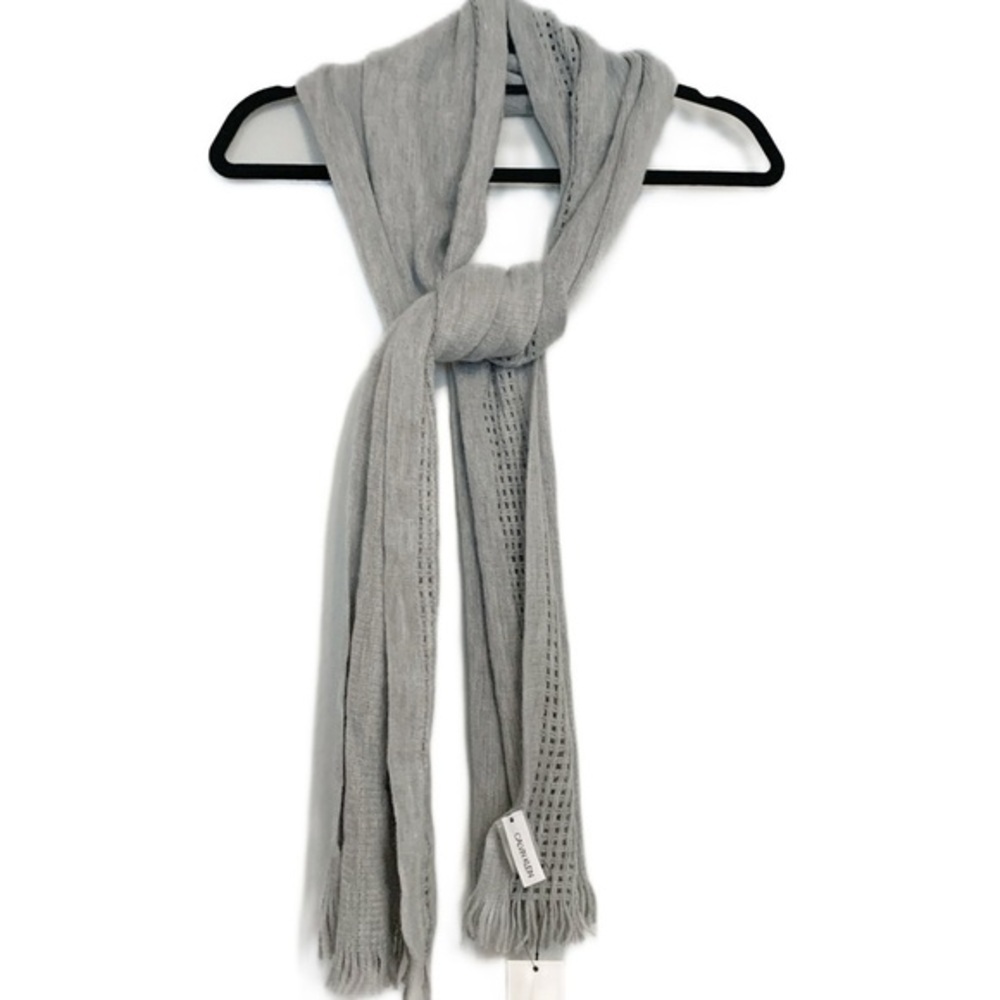 Calvin Klein Unisex Gray Soft Winter Scarf w Fringe and Logo Accent Great Gift